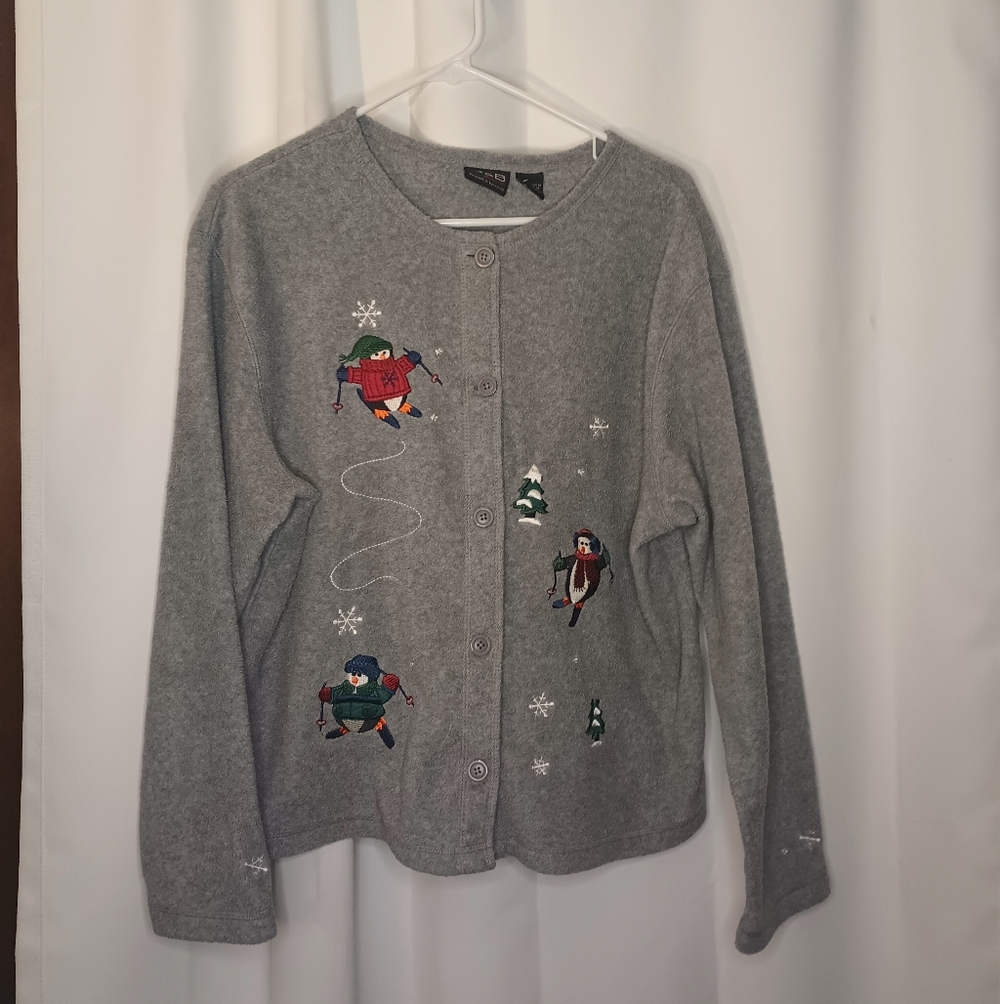 Vintage Croft Barrow Womens Penguin Embroidered Fleece Jacket Large Winter